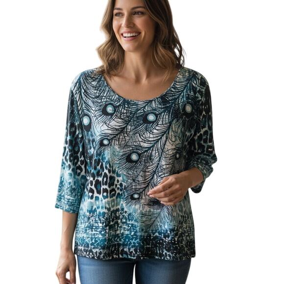 Chico's Tops - Chicos Peacock Feather Top Size 3 (Womens XL) Teal Sparkle Art to Wear Knit Tee